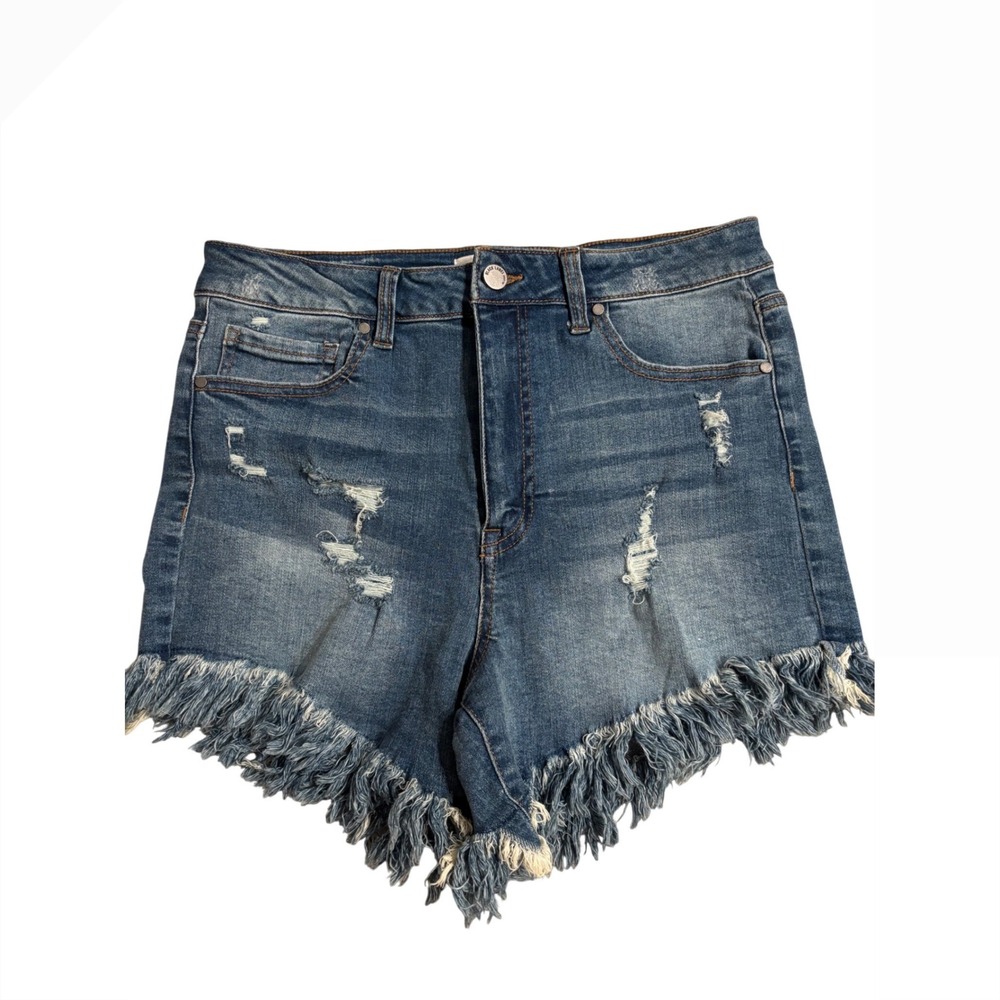 Black Label C'est Toi Distressed Denim Shorts High Rise Frayed Fringe Blue Sz L